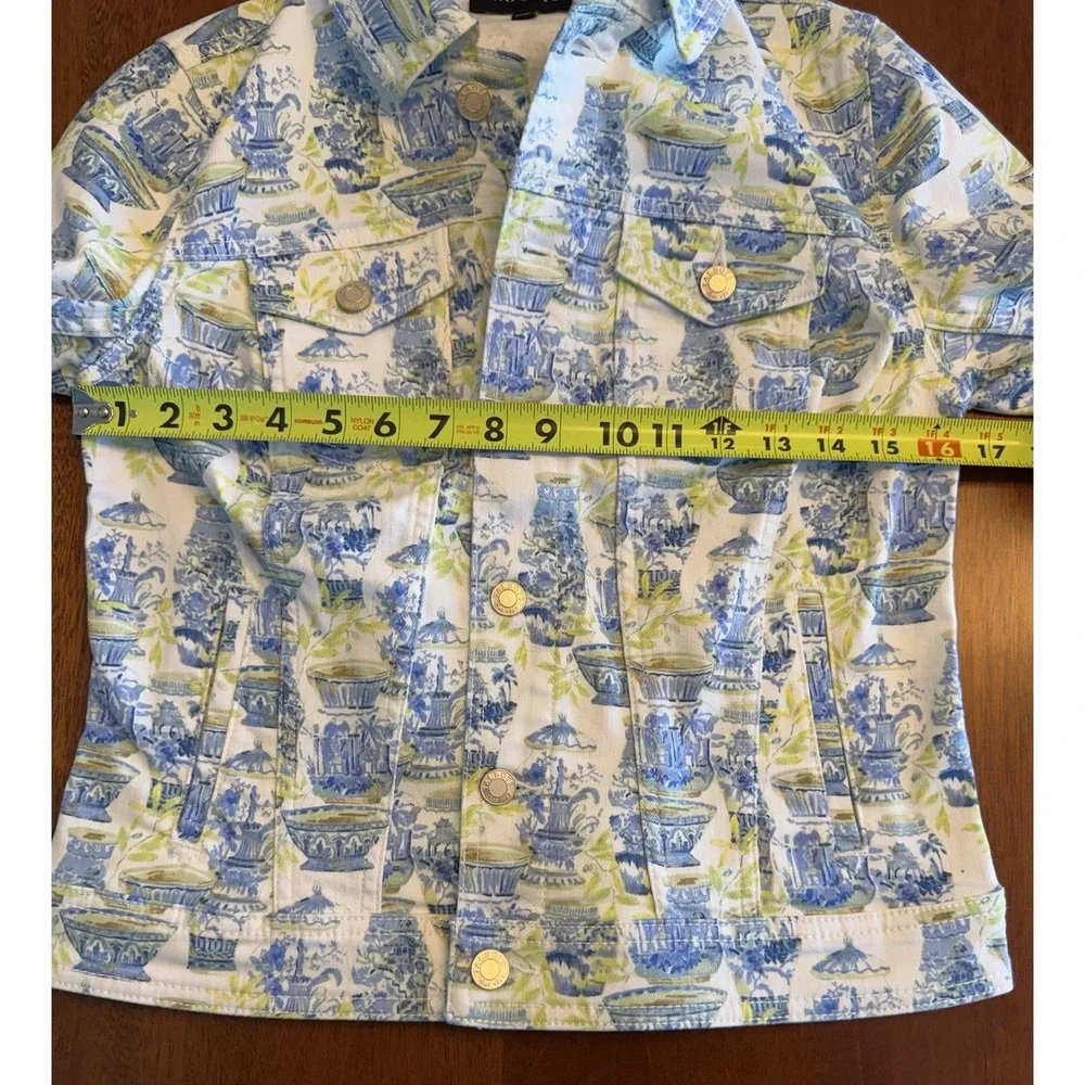 Talbots Printed Jean Jacket XS Blue Green Watercolor Vases Button Front Parisian
